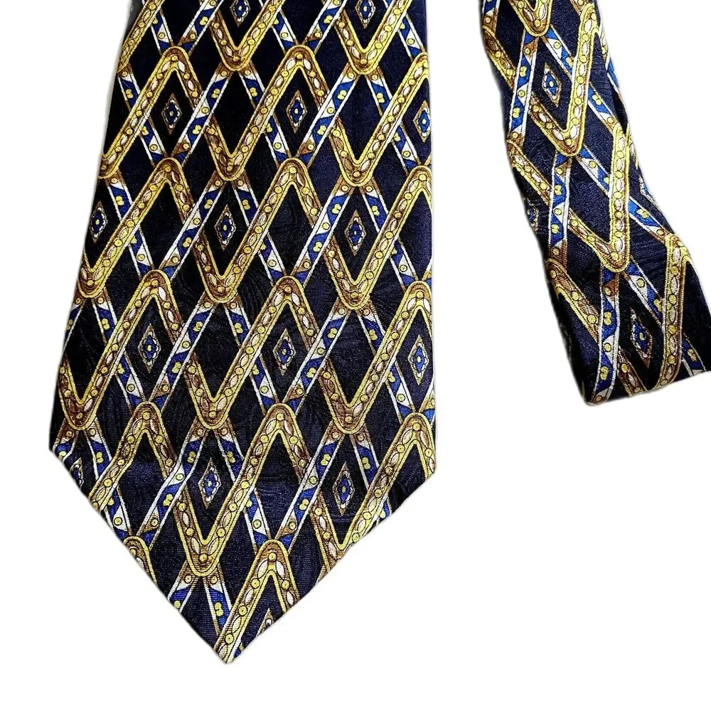 Adolfo 100% Silk‎ Tie Blue Gold Zig Zag Print Men's Necktie
